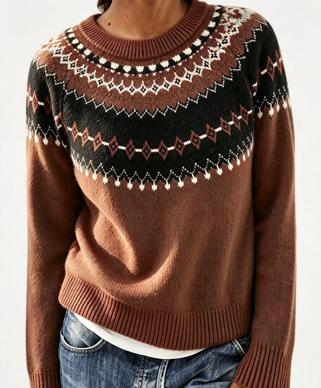 Men's Solid Knit Sweater with Fair Isle Yoke Detail