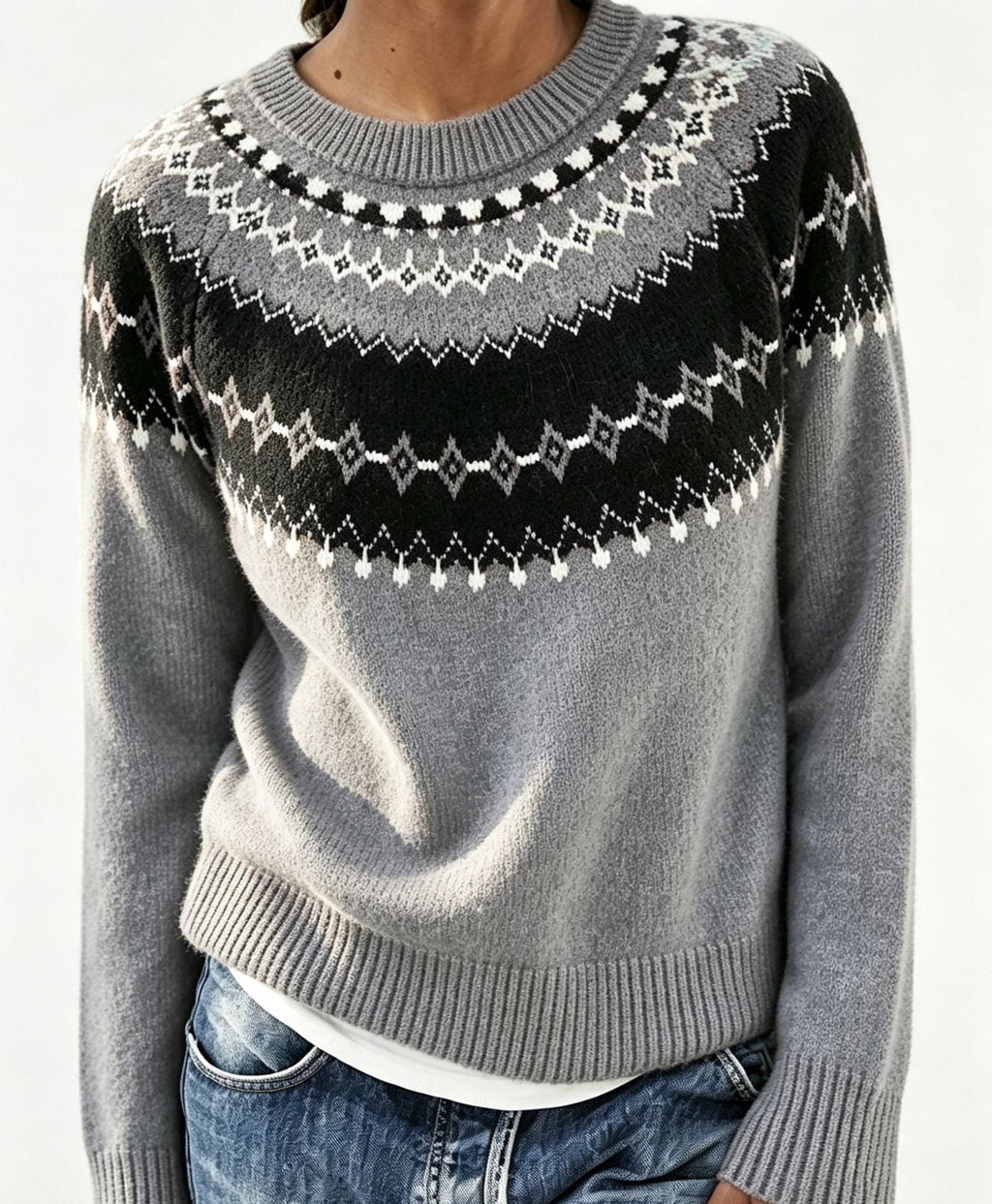 Men's Solid Knit Sweater with Fair Isle Yoke Detail