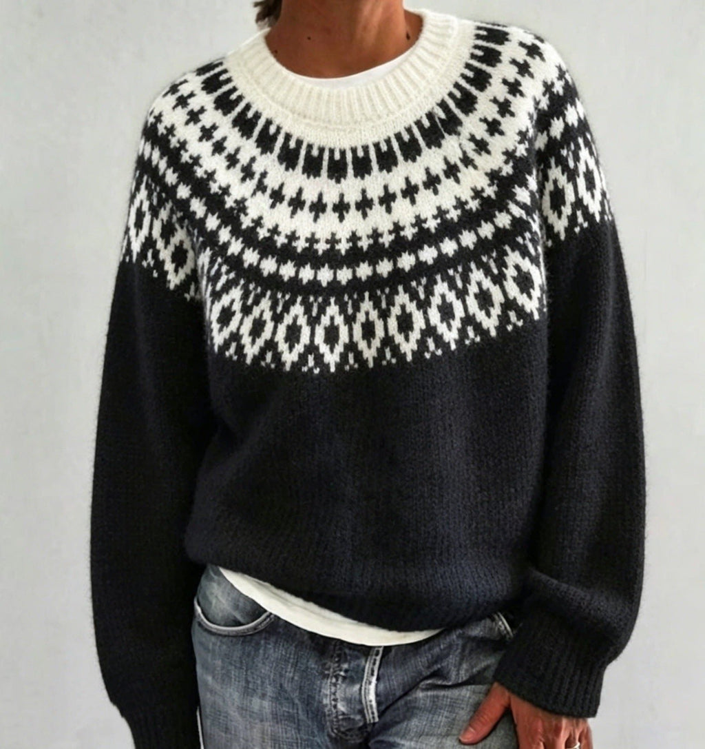 Men's Solid Knit Sweater with Fair Isle Yoke Detail