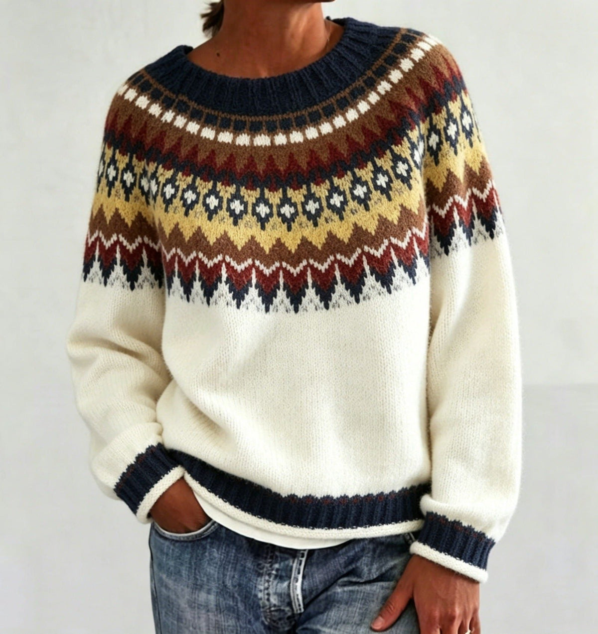 Men's Solid Knit Sweater with Fair Isle Yoke Detail