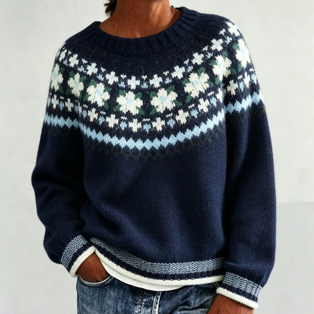 Men's Solid Knit Sweater with Fair Isle Yoke Detail