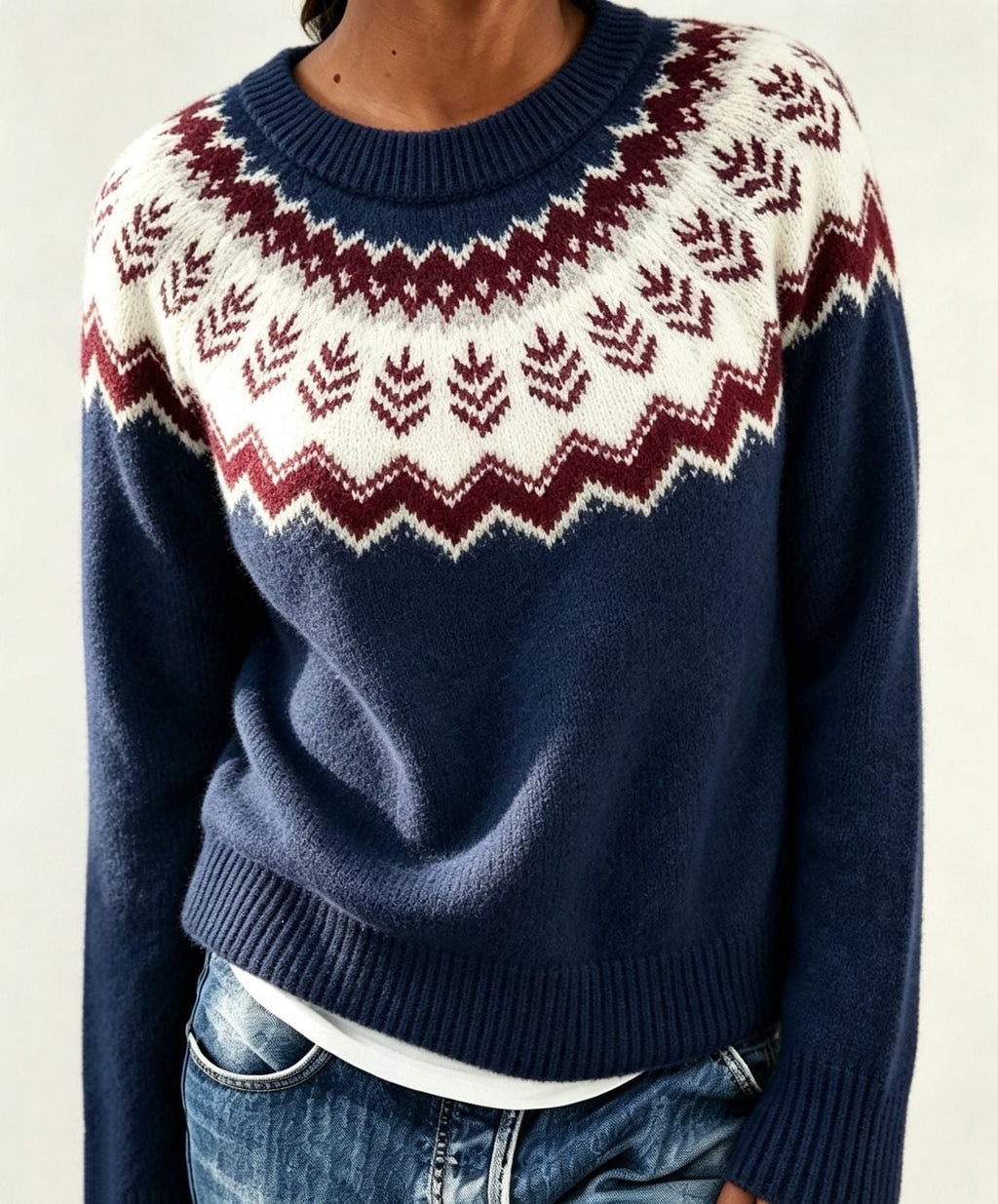 Men's Solid Knit Sweater with Fair Isle Yoke Detail