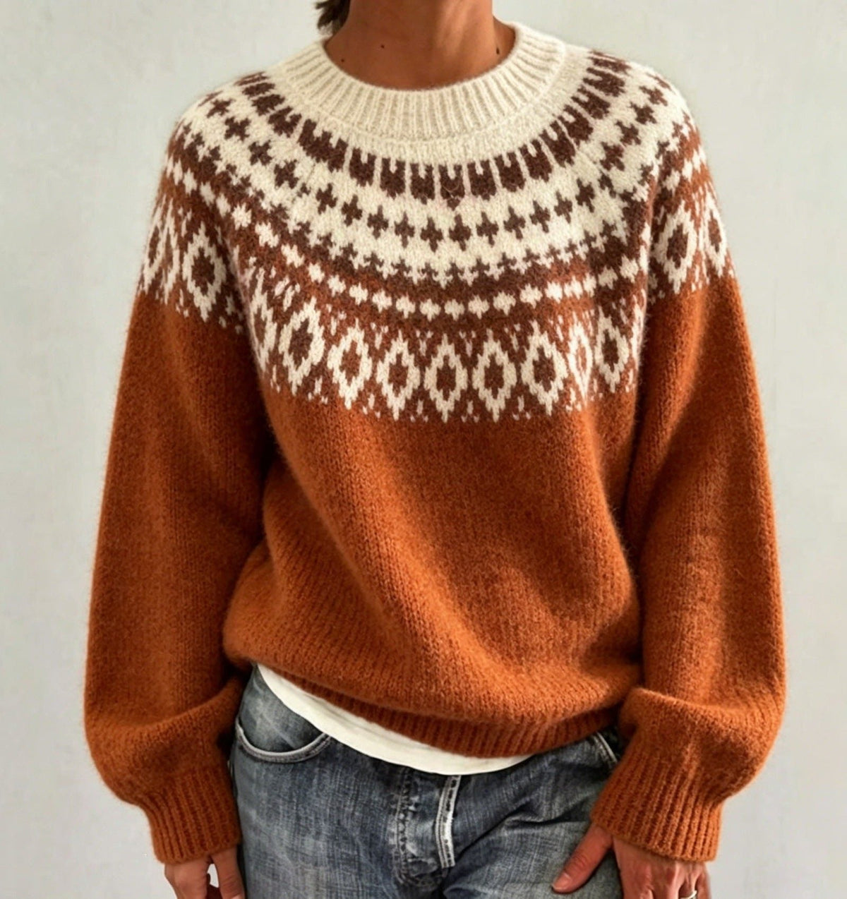 Men's Solid Knit Sweater with Fair Isle Yoke Detail