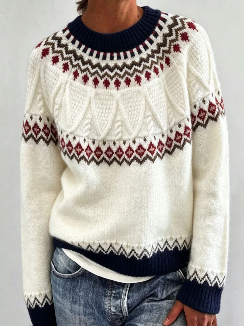 Men's Solid Knit Sweater with Fair Isle Yoke Detail