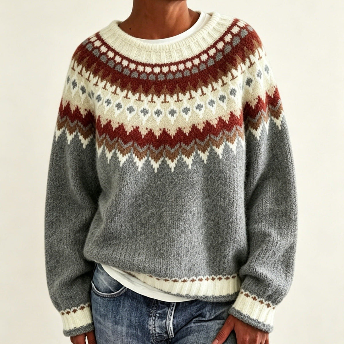 Men's Solid Knit Sweater with Fair Isle Yoke Detail