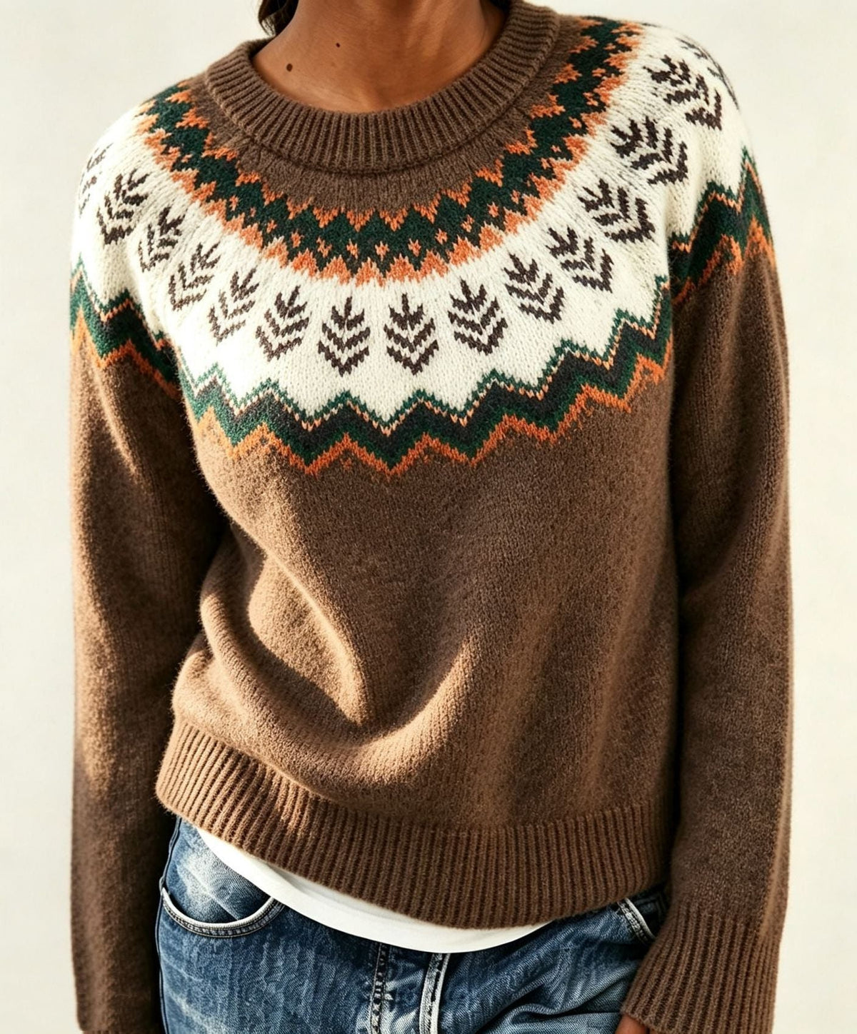 Men's Solid Knit Sweater with Fair Isle Yoke Detail