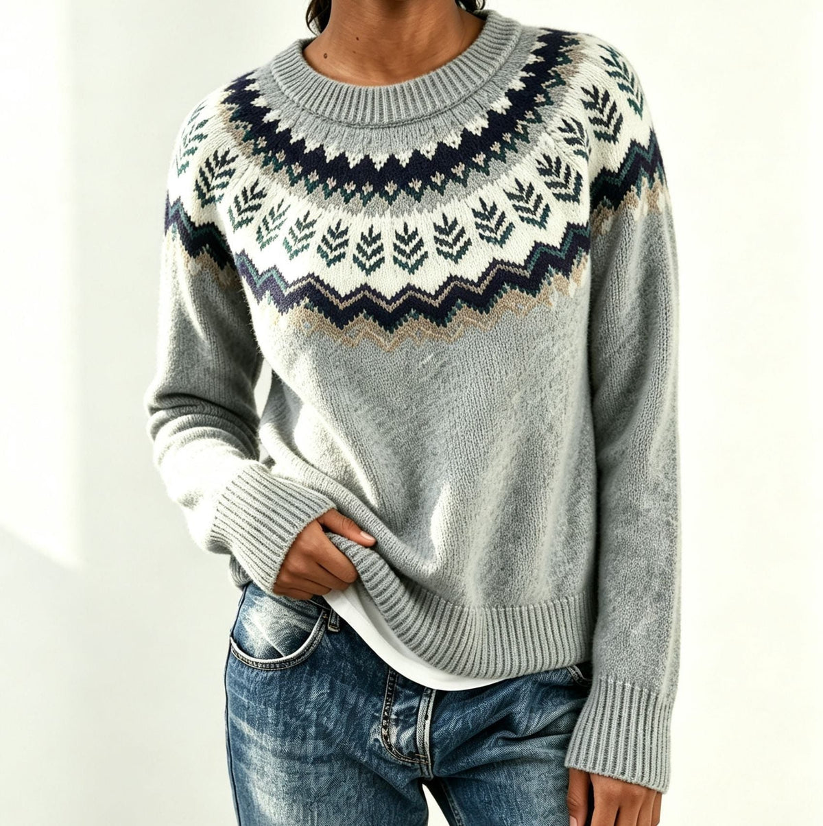 Men's Solid Knit Sweater with Fair Isle Yoke Detail