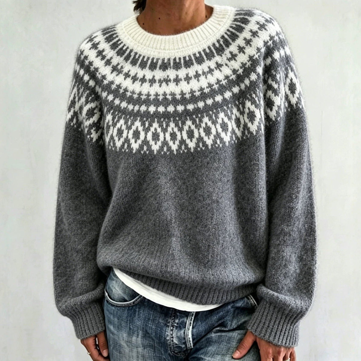 Men's Solid Knit Sweater with Fair Isle Yoke Detail