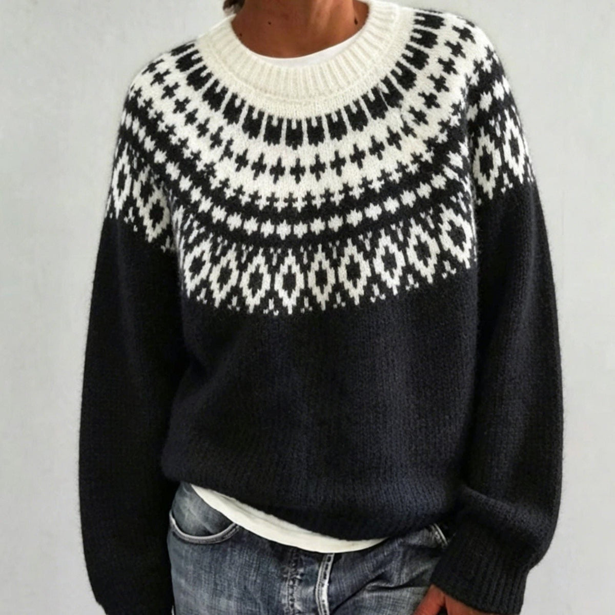 Men's Solid Knit Sweater with Fair Isle Yoke Detail