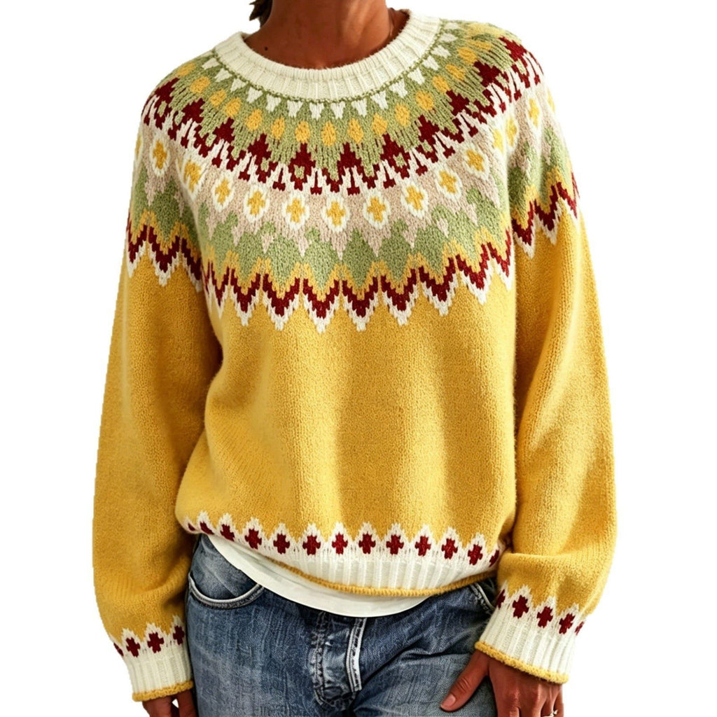 Men's Solid Knit Sweater with Fair Isle Yoke Detail