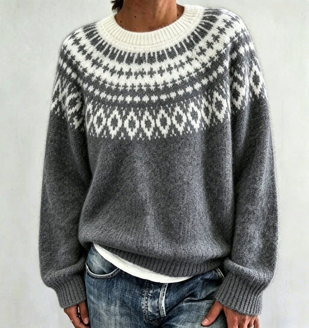 Men's Solid Knit Sweater with Fair Isle Yoke Detail