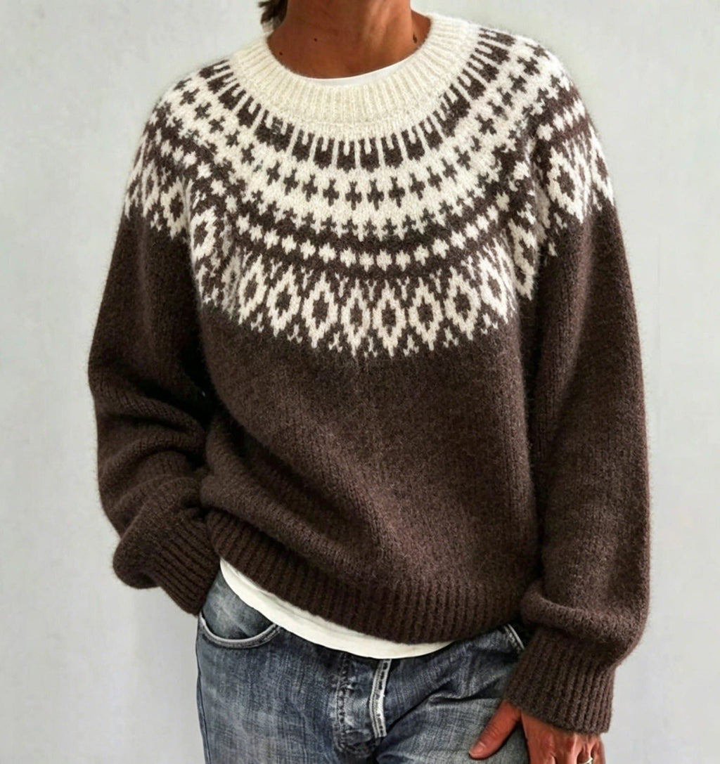 Men's Solid Knit Sweater with Fair Isle Yoke Detail