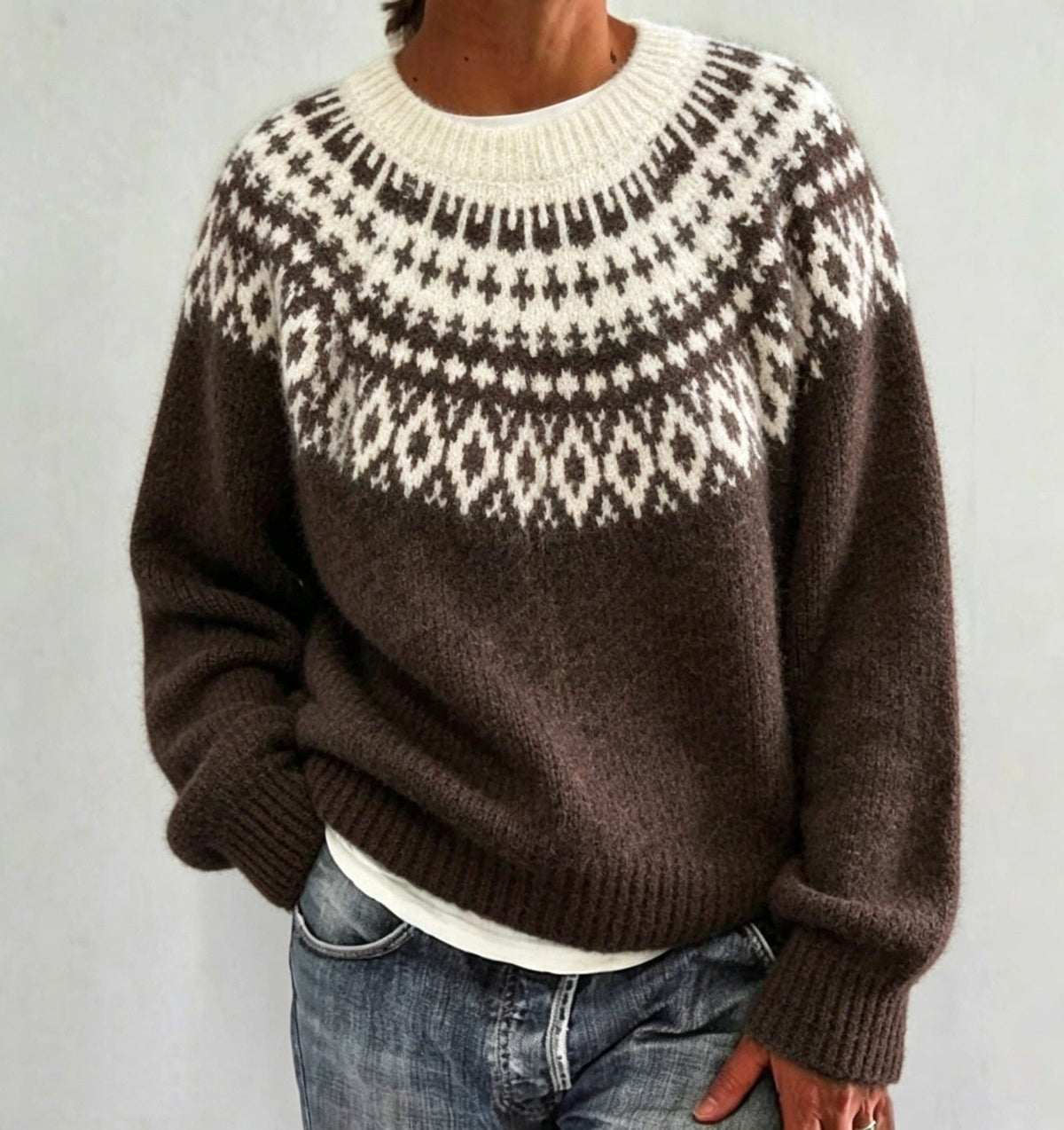 Men's Solid Knit Sweater with Fair Isle Yoke Detail