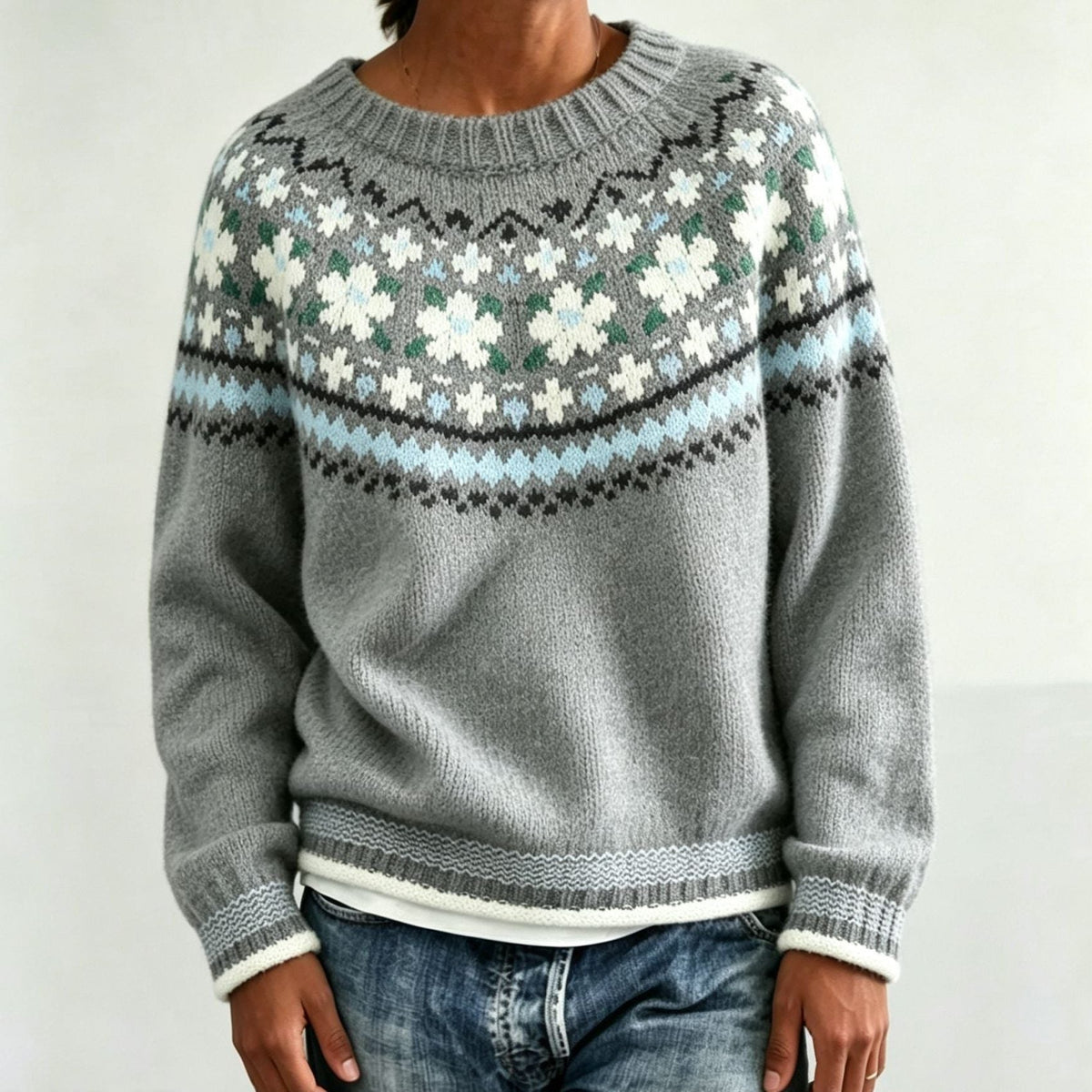 Men's Solid Knit Sweater with Fair Isle Yoke Detail