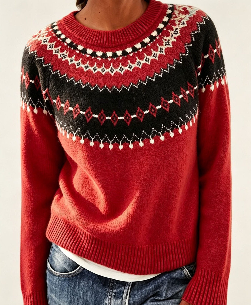 Men's Solid Knit Sweater with Fair Isle Yoke Detail