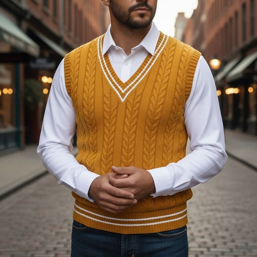 Men's Classic Striped Cable Detail Sweater Vest