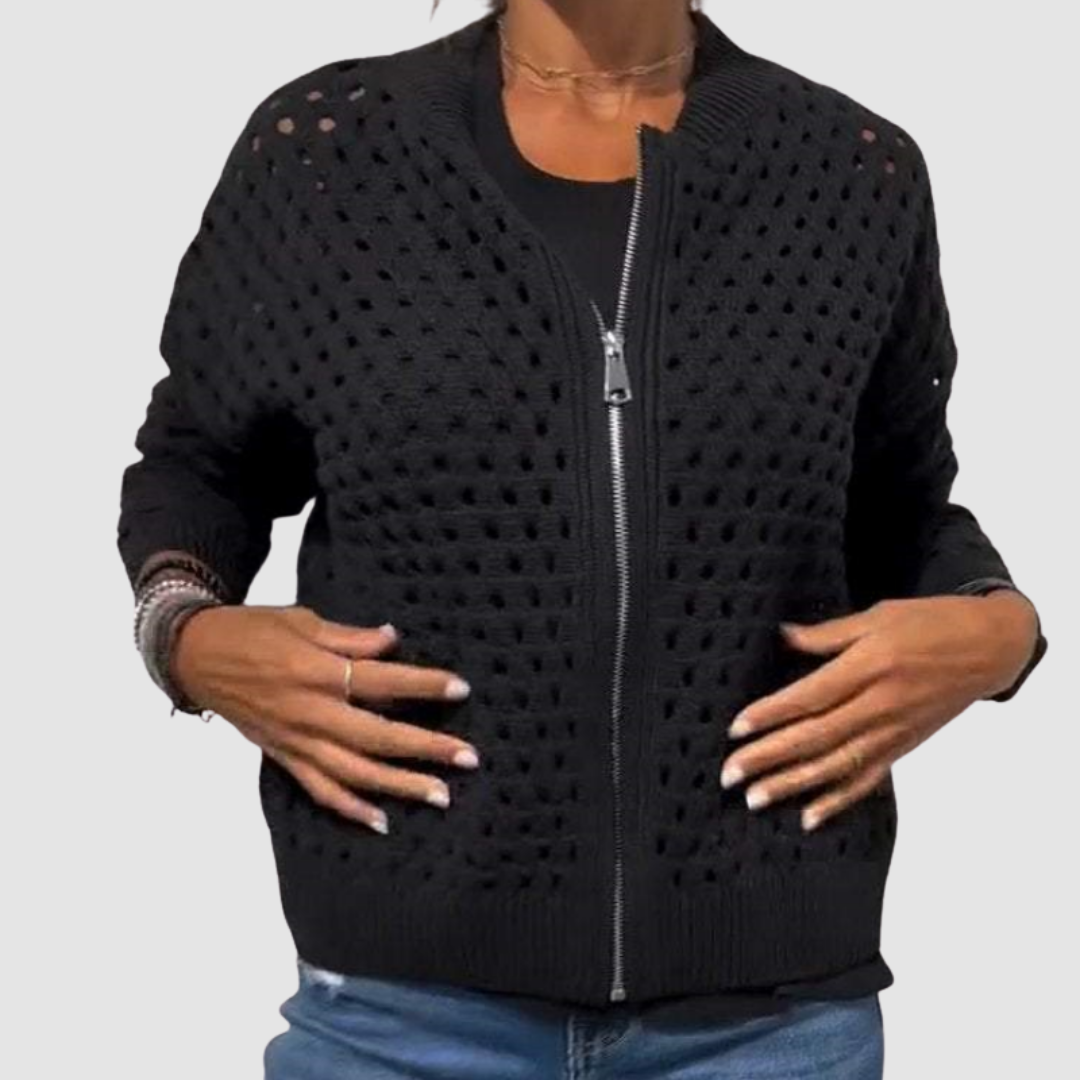 Women's Crochet-Style Cutout Cardigan with Zipper Front
