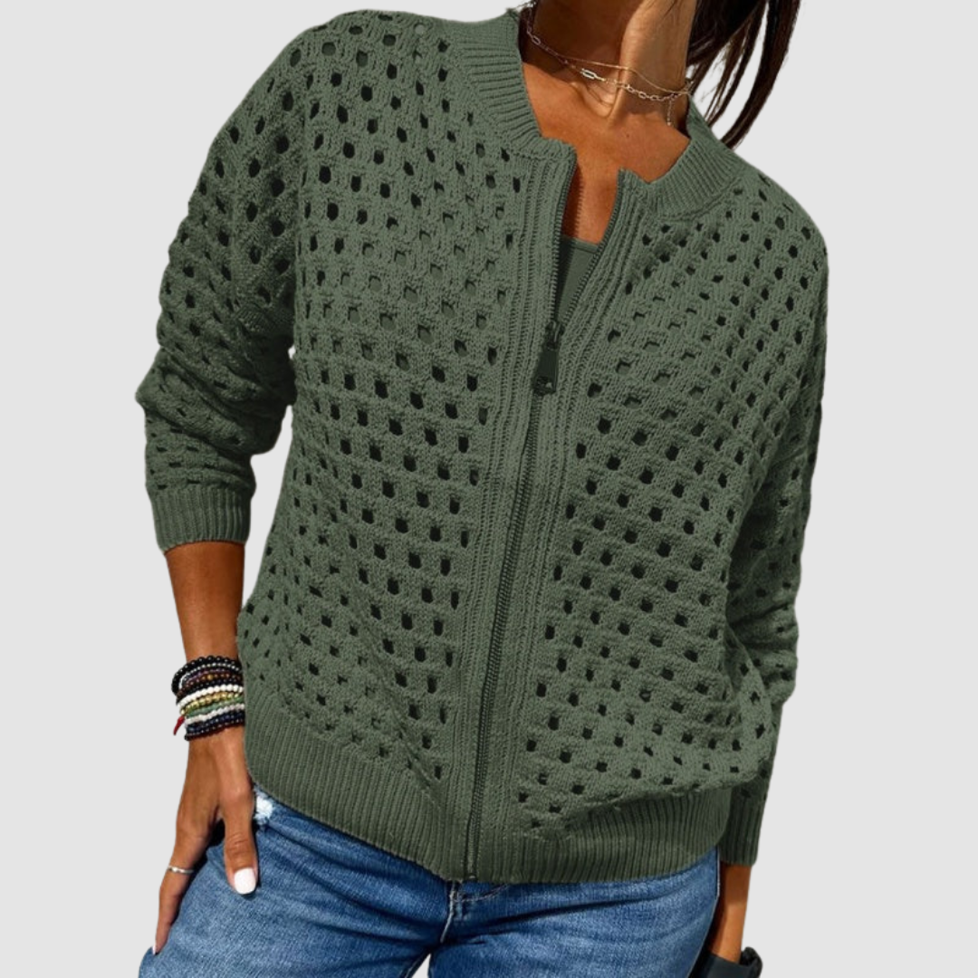 Women's Crochet-Style Cutout Cardigan with Zipper Front
