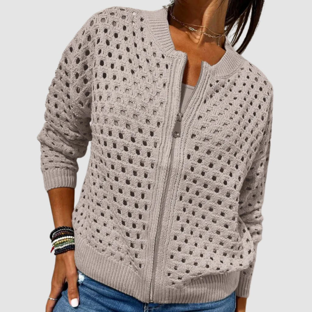 Women's Crochet-Style Cutout Cardigan with Zipper Front