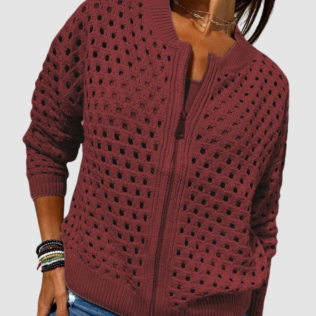 Women's Crochet-Style Cutout Cardigan with Zipper Front