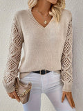 Women's Lightweight Crochet-Sleeve Layering V-Neck Sweater