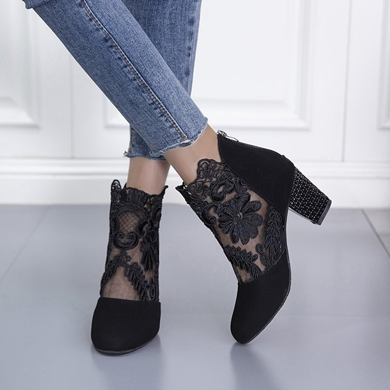 Women's Lace Overlay Heeled Ankle Booties with Floral Detail