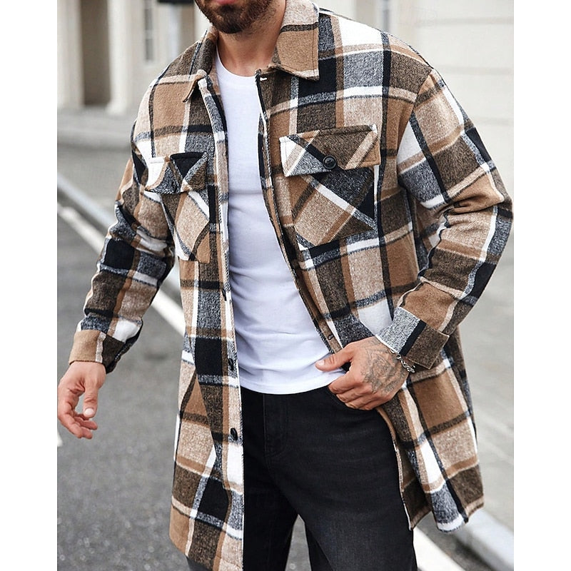 Men's Button-Front Checked Shirt Jacket with Pockets