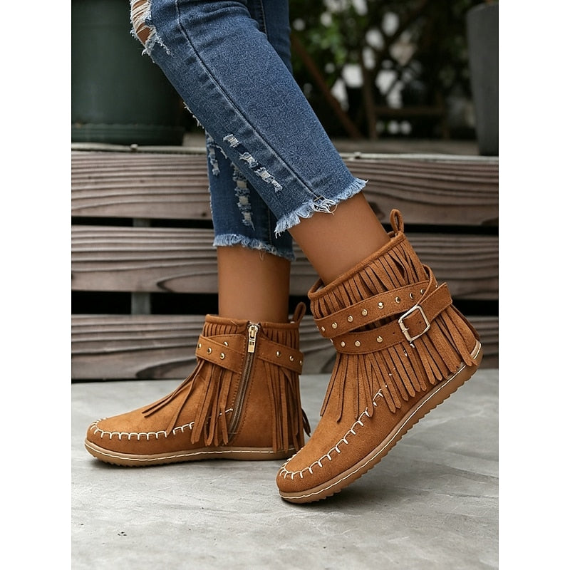 Women's Western Inspired Moccasin Style Ankle Boots with Fringe