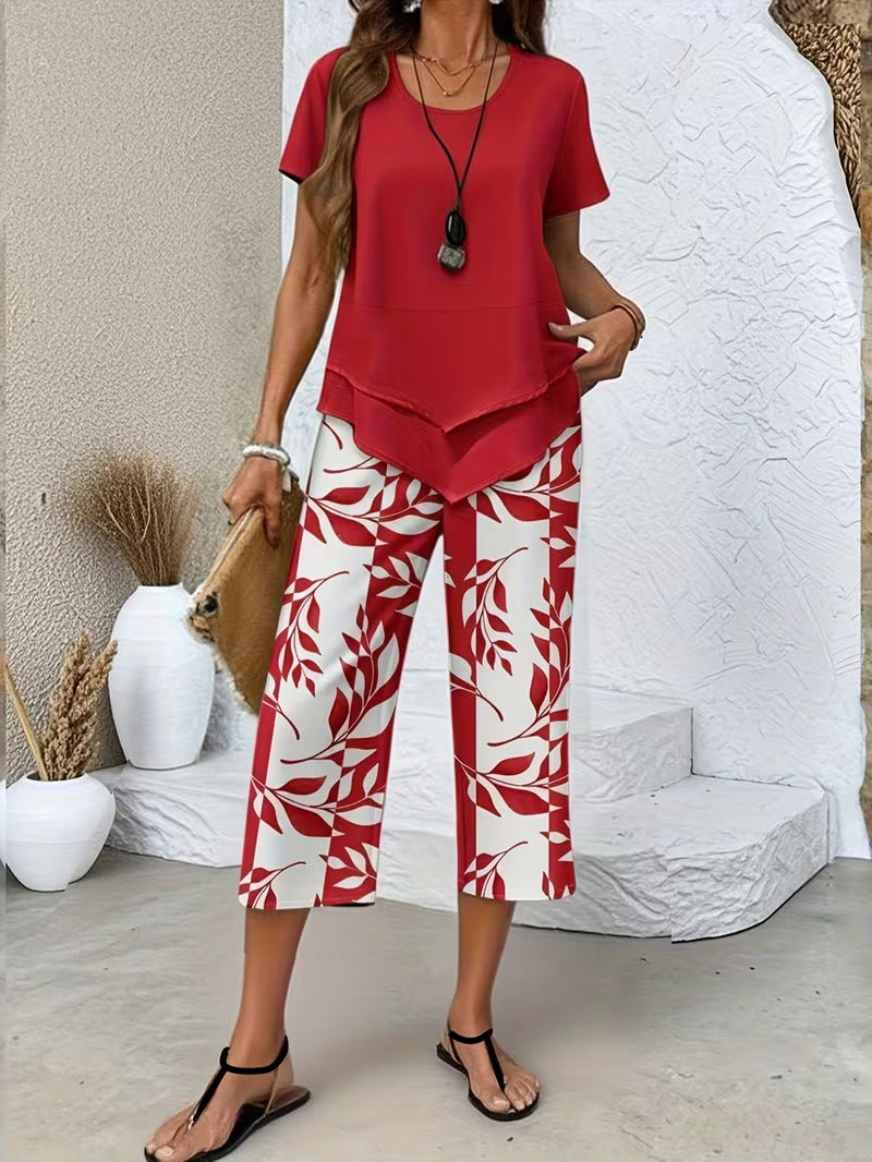 Women's Relaxed Tiered Hem Top Capri Outfit Set