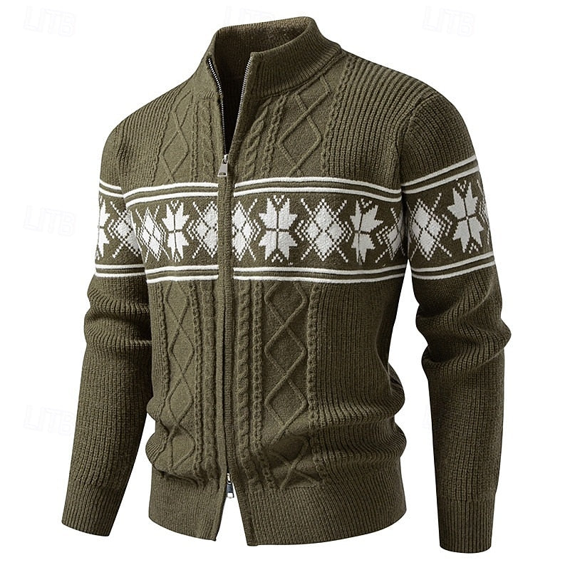 Men's Ribbed Knit Fair Isle Zipper Cardigan Sweater