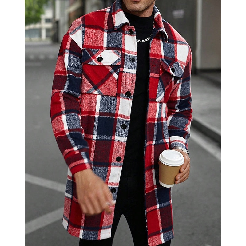 Men's Button-Front Checked Shirt Jacket with Pockets