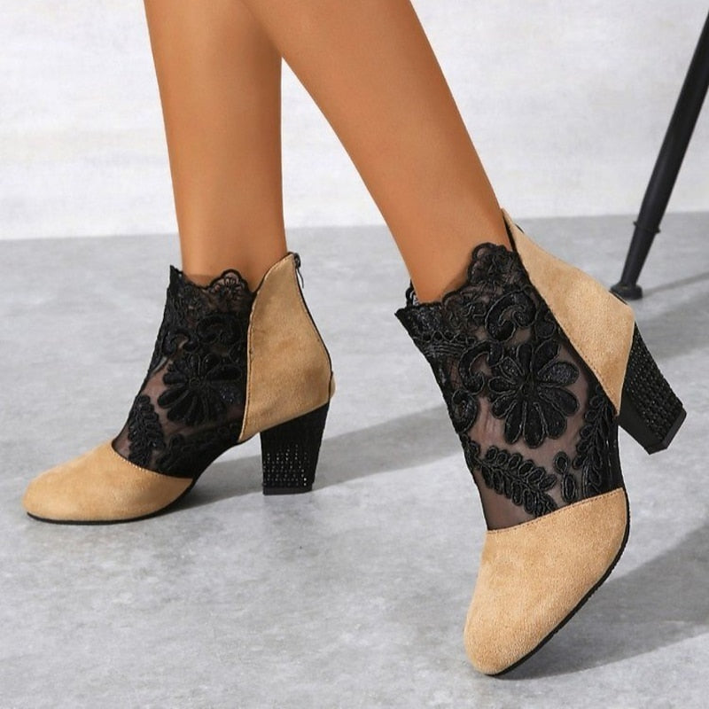 Women's Lace Overlay Heeled Ankle Booties with Floral Detail