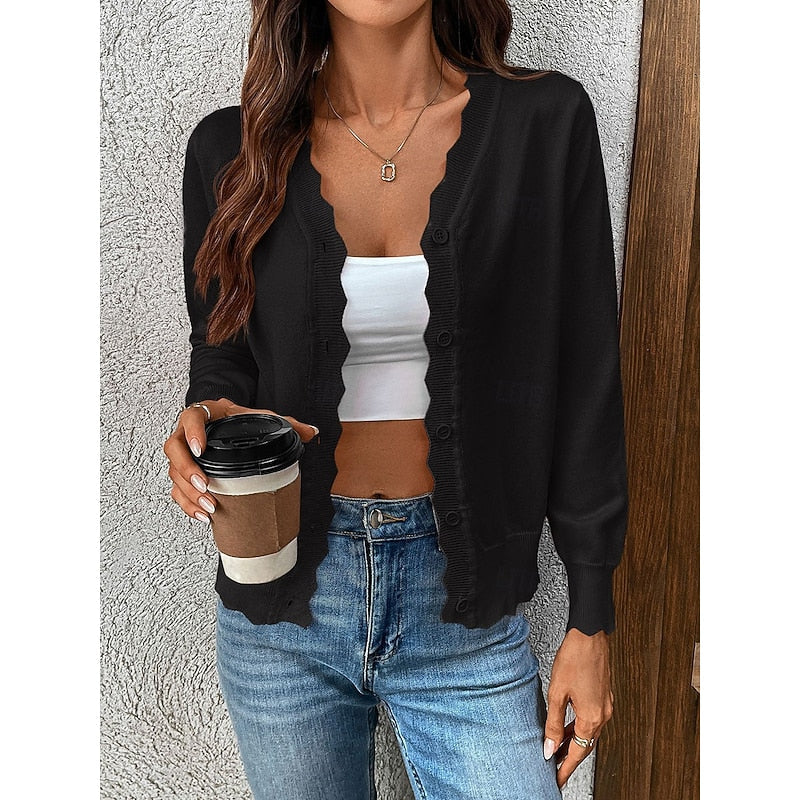 Women's Light Knit Scallop Edge Front-Button Cardigan Sweater
