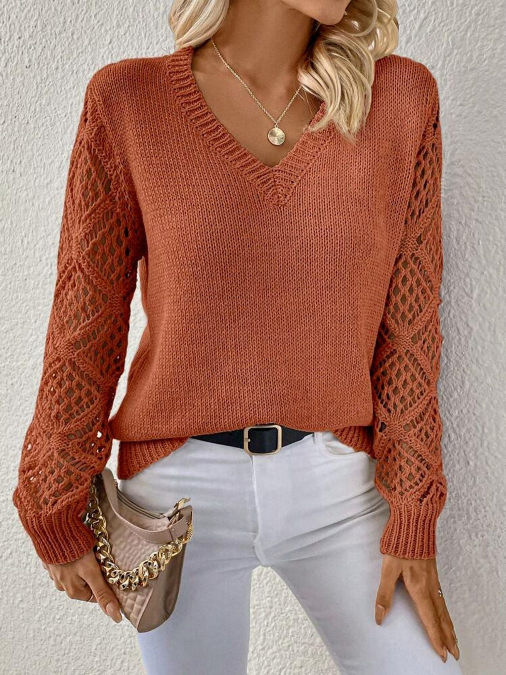Women's Lightweight Crochet-Sleeve Layering V-Neck Sweater