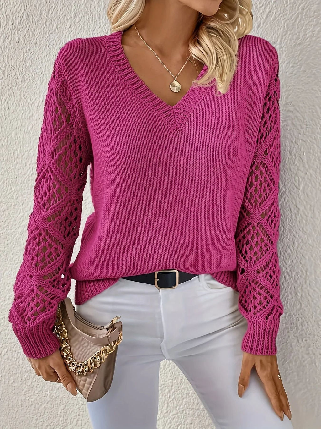 Women's Lightweight Crochet-Sleeve Layering V-Neck Sweater