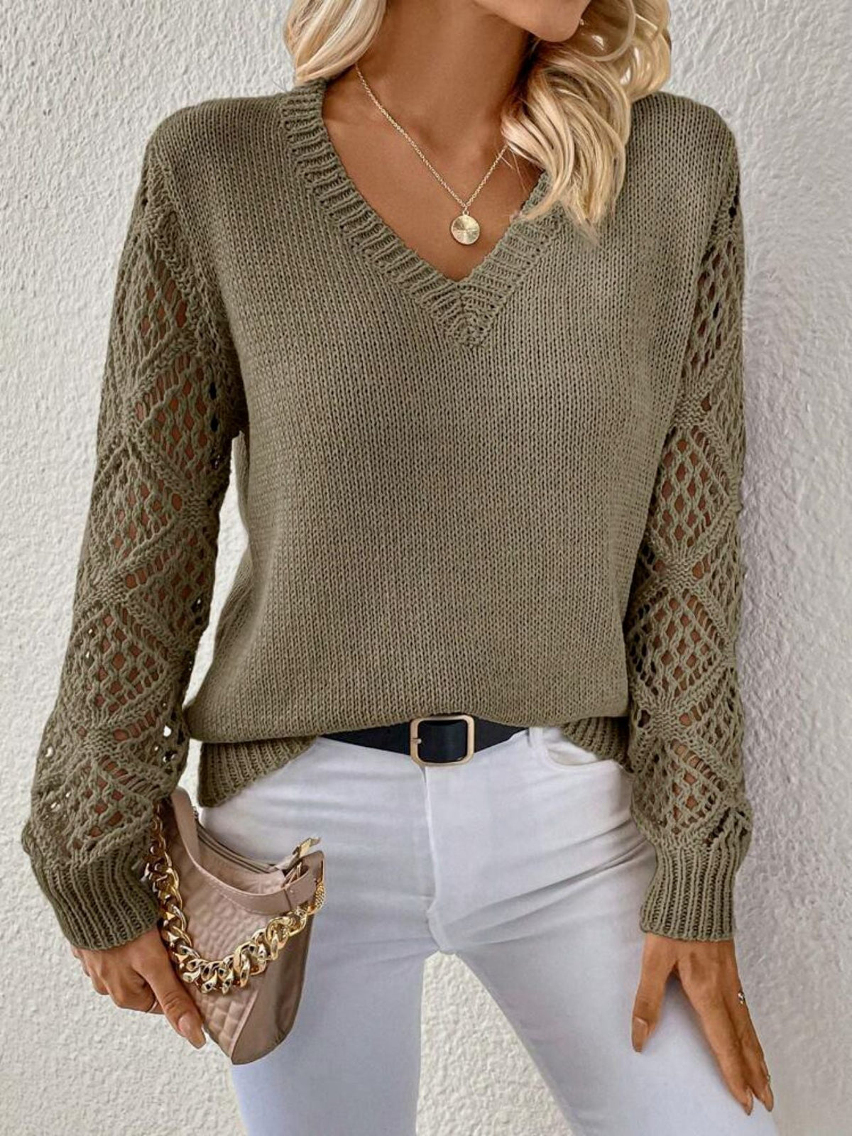 Women's Lightweight Crochet-Sleeve Layering V-Neck Sweater