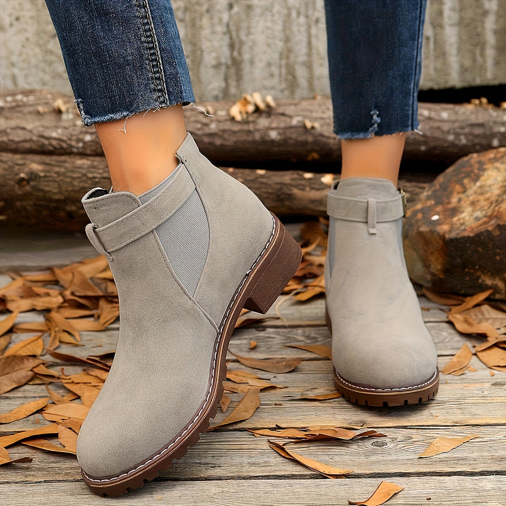 Women's Elastic Side Panel Chelsea Short Boots with Buckle