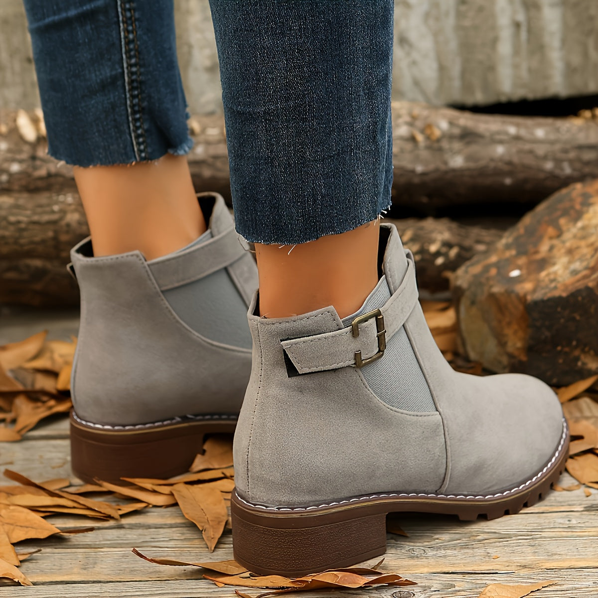 Women's Elastic Side Panel Chelsea Short Boots with Buckle