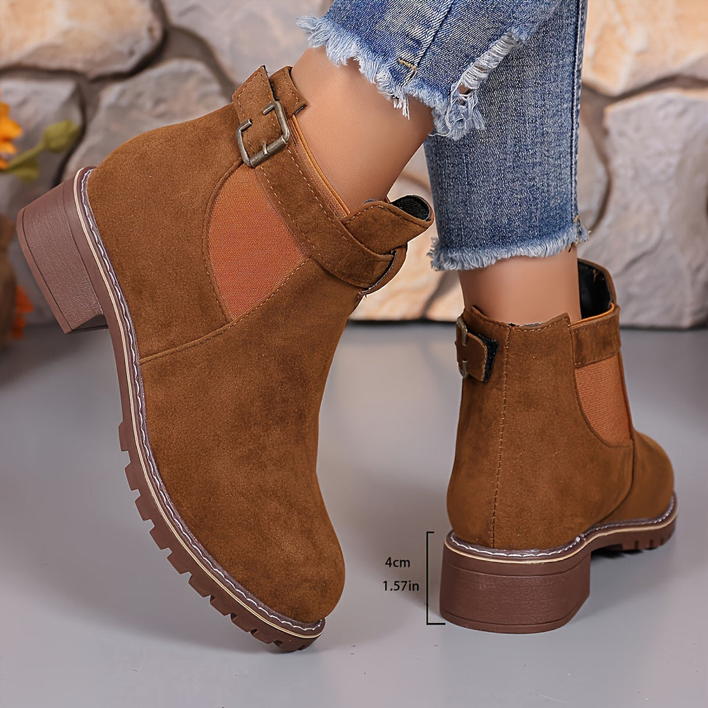 Women's Elastic Side Panel Chelsea Short Boots with Buckle