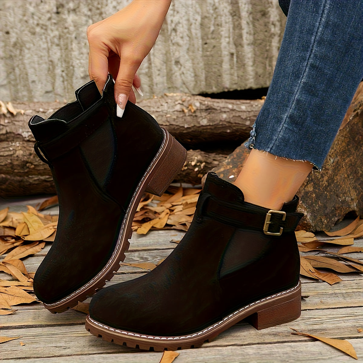 Women's Elastic Side Panel Chelsea Short Boots with Buckle