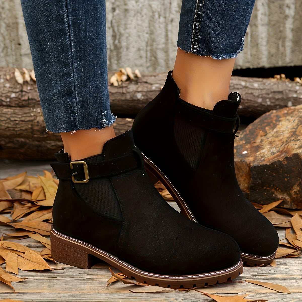 Women's Elastic Side Panel Chelsea Short Boots with Buckle