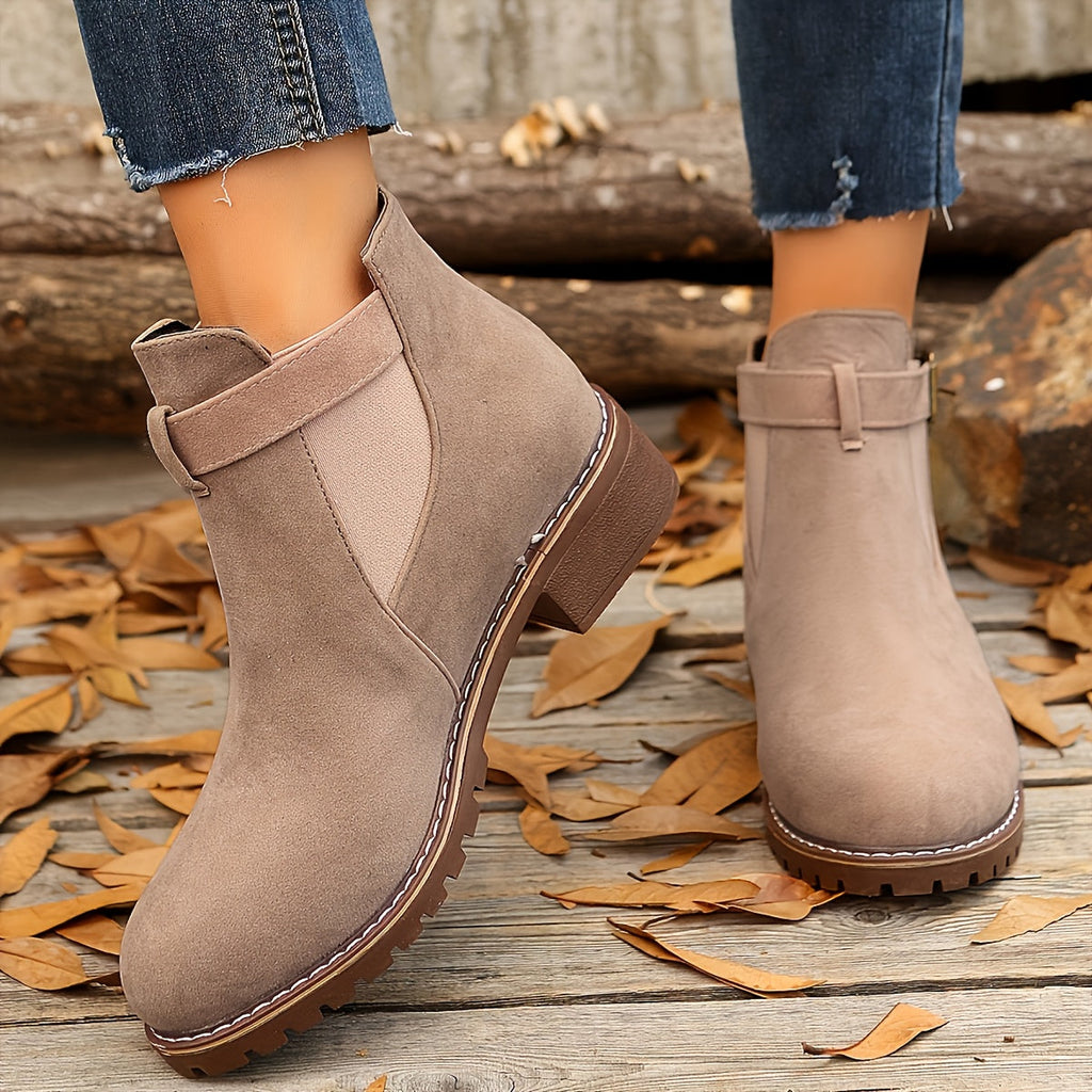 Women's Elastic Side Panel Chelsea Short Boots with Buckle