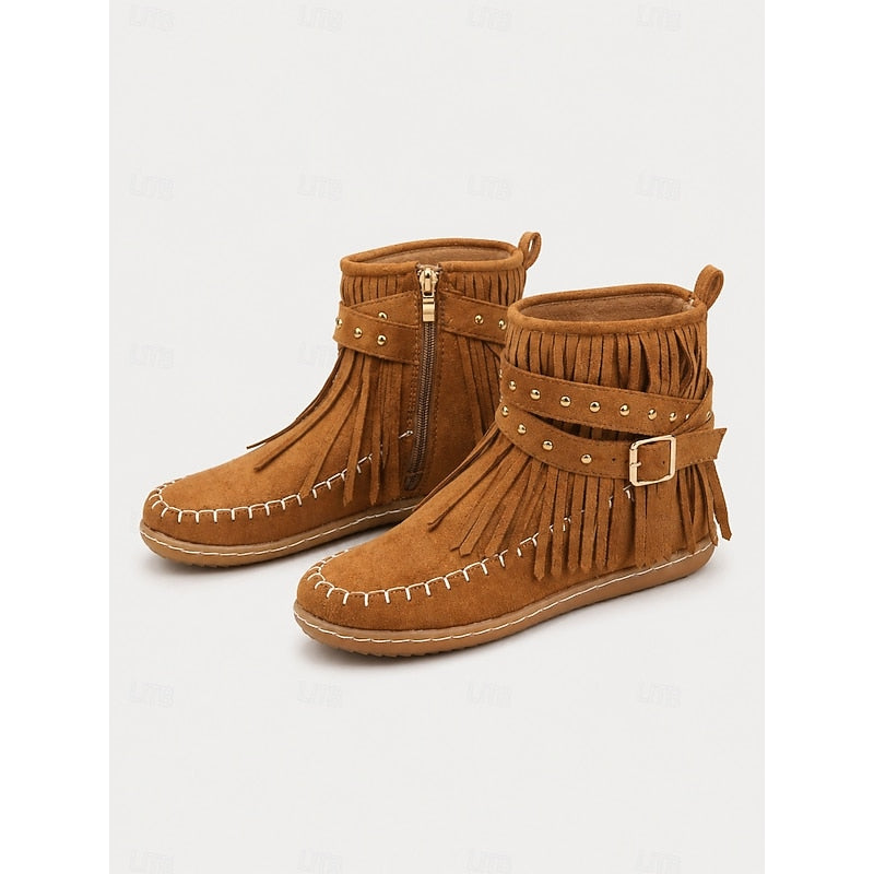 Women's Western Inspired Moccasin Style Ankle Boots with Fringe
