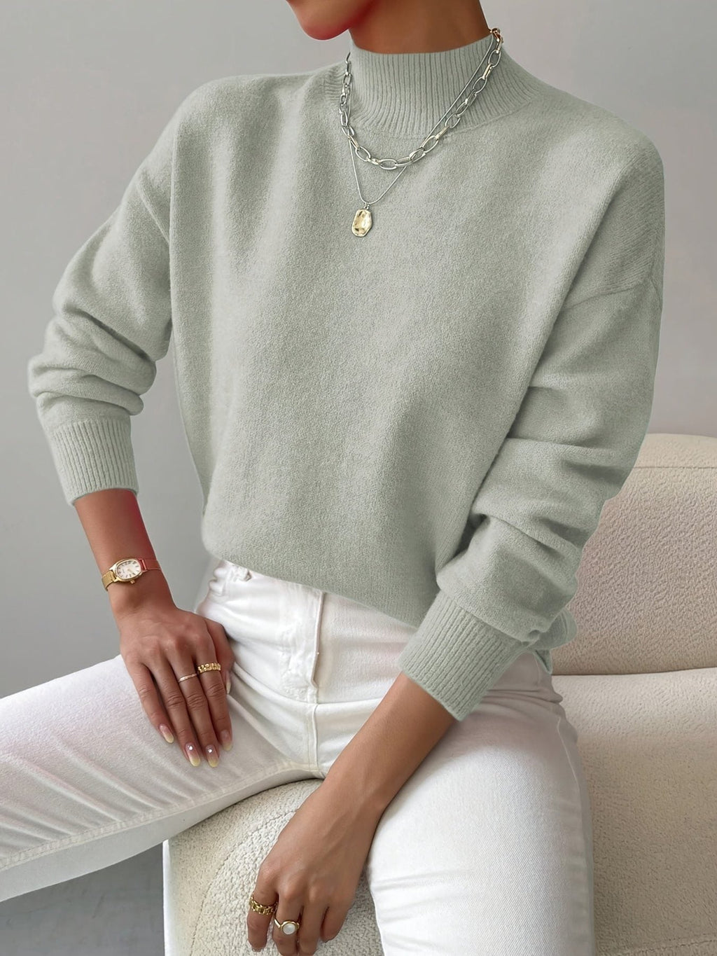 Women's Versatile Rib Knit Sweater with Roll Collar