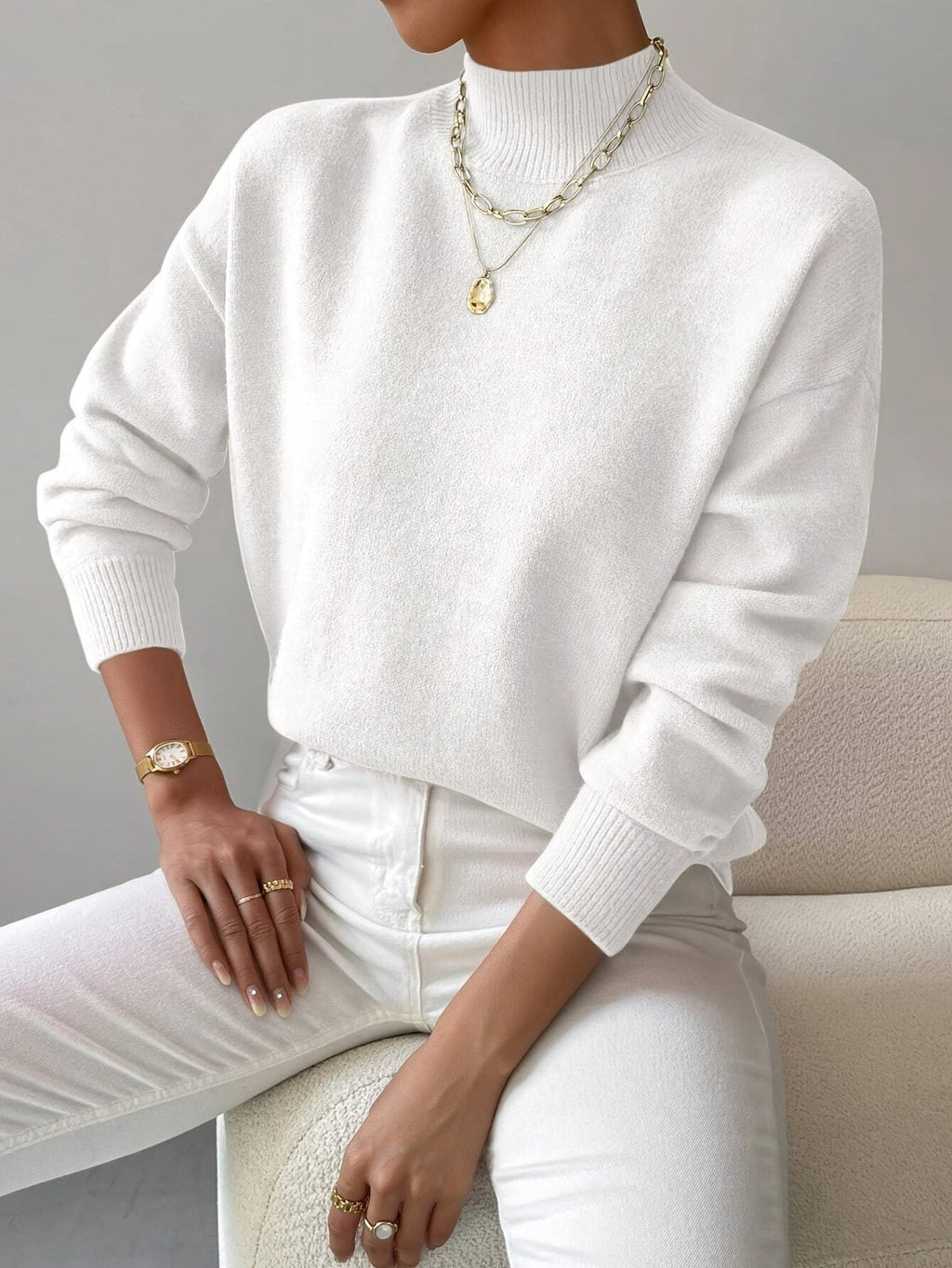Women's Versatile Rib Knit Sweater with Roll Collar