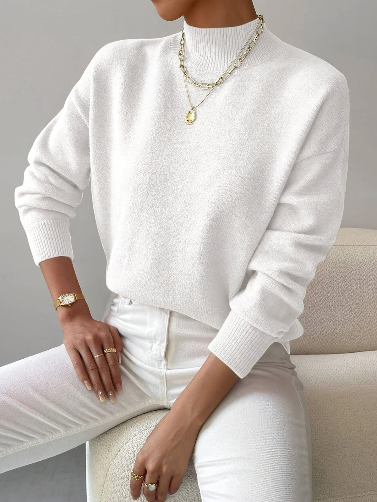 Women's Versatile Rib Knit Sweater with Roll Collar