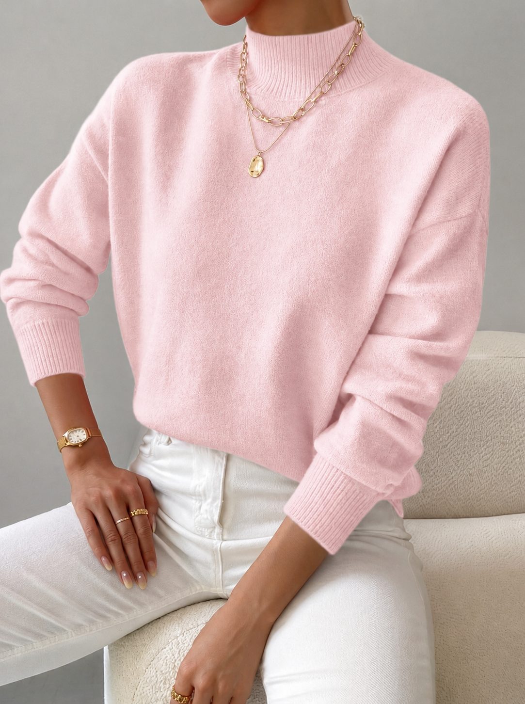 Women's Versatile Rib Knit Sweater with Roll Collar