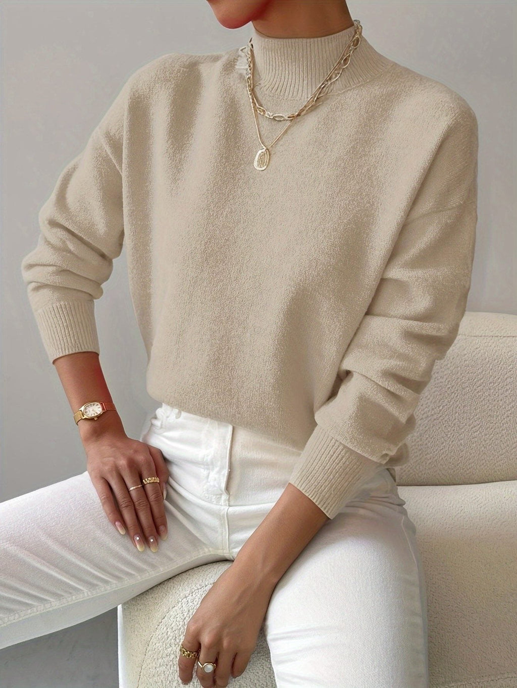 Women's Versatile Rib Knit Sweater with Roll Collar