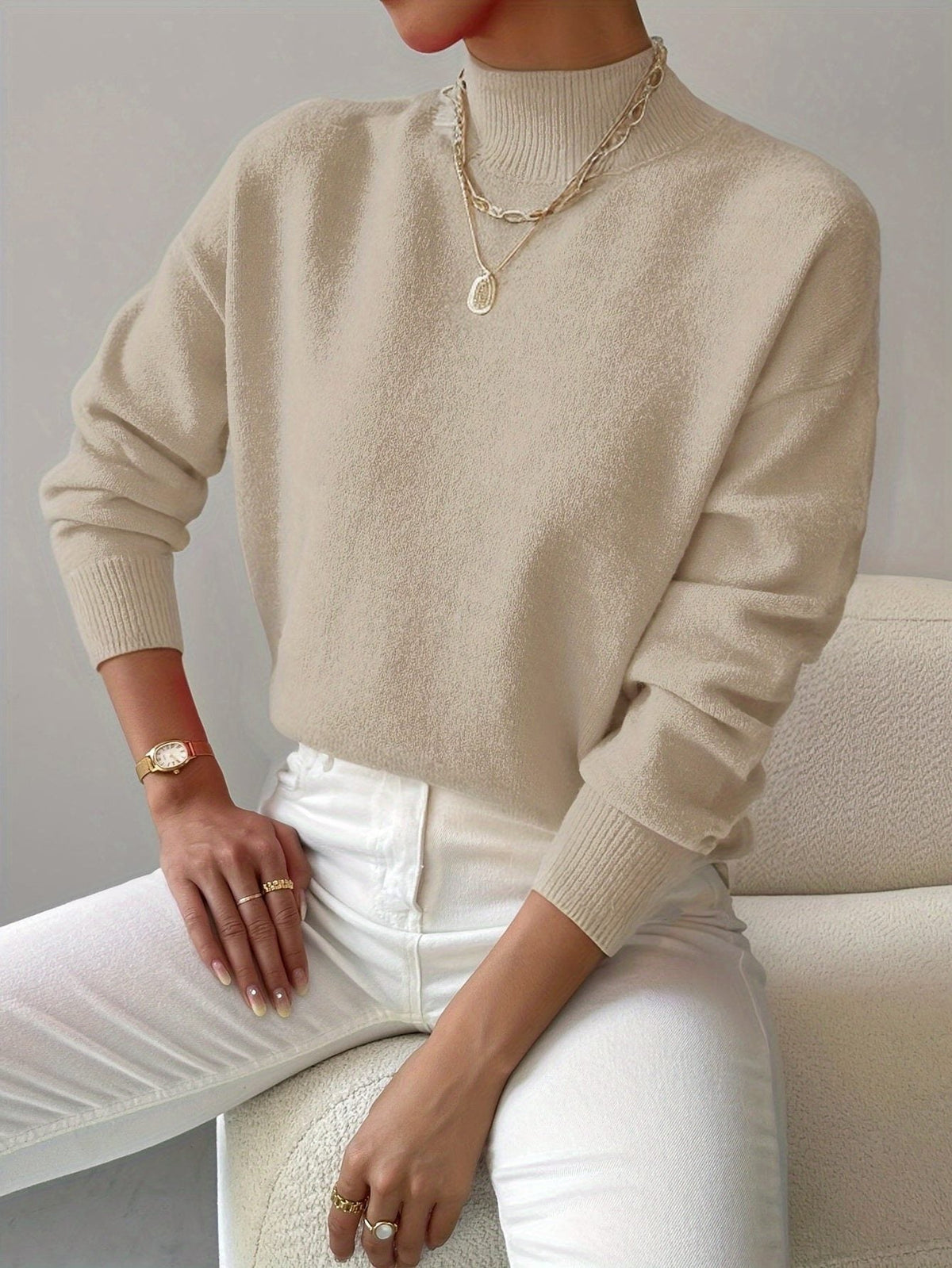 Women's Versatile Rib Knit Sweater with Roll Collar