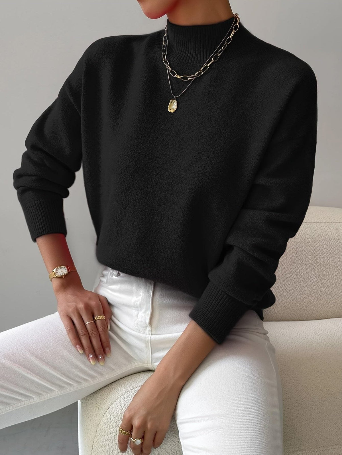 Women's Versatile Rib Knit Sweater with Roll Collar
